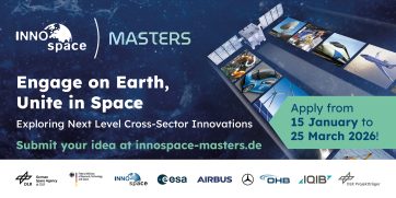 The picture shows the orbit, a satellite, logos and text